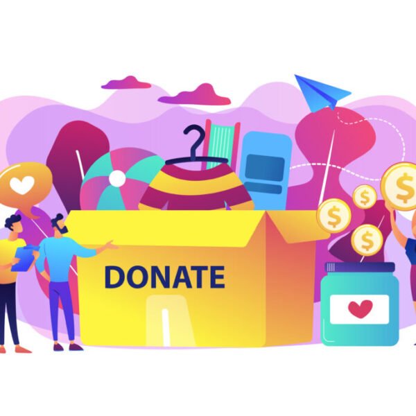 Volunteers collecting goods for charity into huge donation box and donating coins into jar. Donation, charity donation funds, gift in kind concept. Bright vibrant violet vector isolated illustration